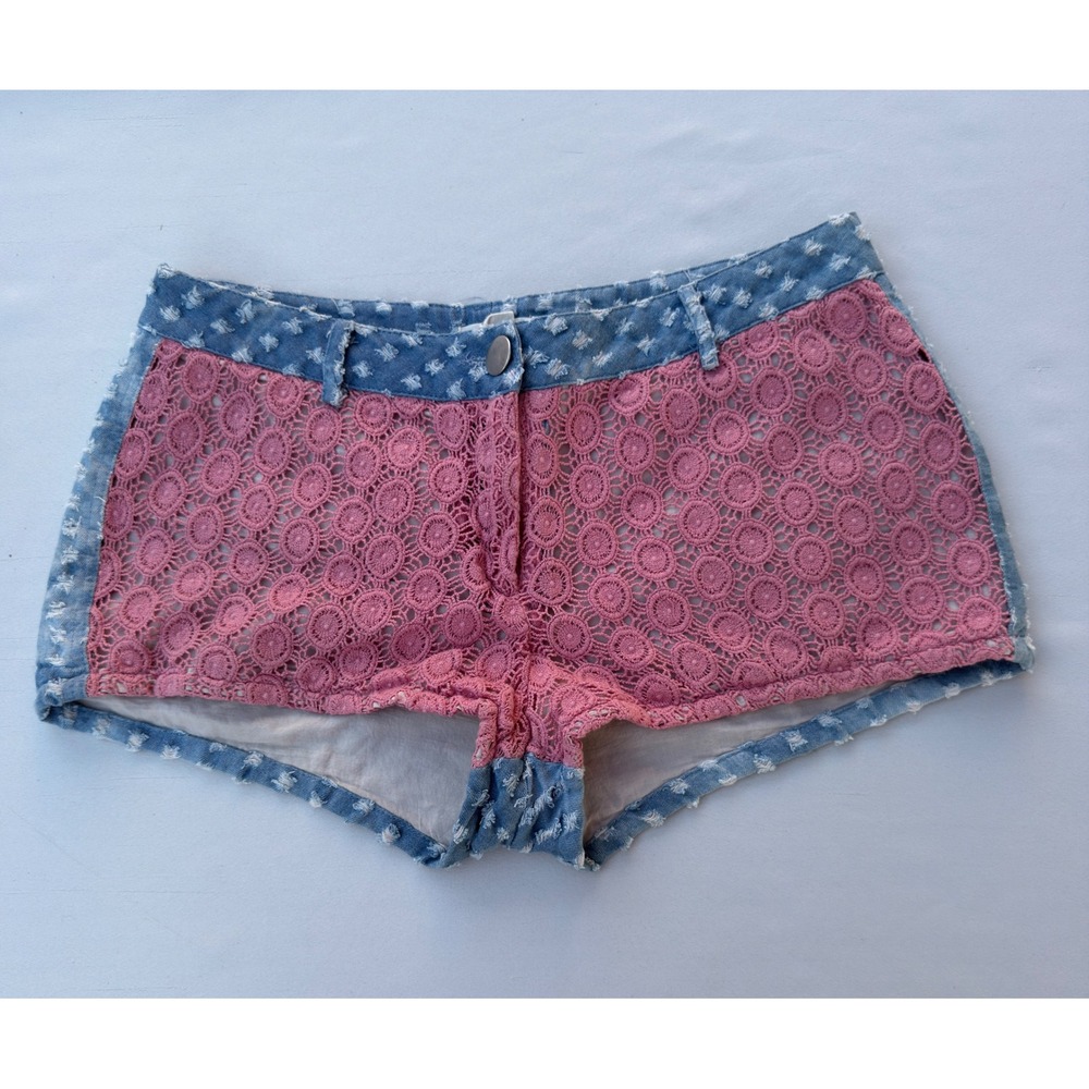 LoveRiche Crochet Lace Denim Shorts Y2K Boho Americana Festival Cottagecore M